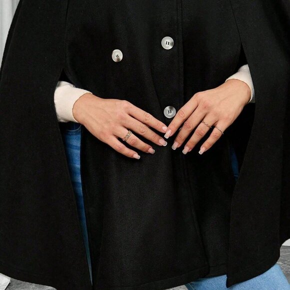 Black Elegant Women's Plus Size Button Poncho Sleeve Wool Coat - Picture 6 of 6